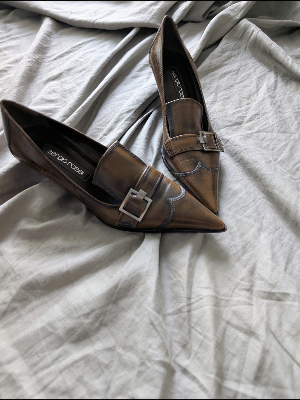 Sergio Rossi Italian Leather Cognac Brown Pointed-Toe Buckle Kitten Heels